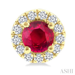 3.25 MM Round Ruby and 1/10 Ctw Single Cut Diamond Halo Precious Stud Earrings in 10K Yellow Gold