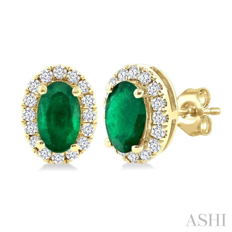 5x3 MM Oval Shape Emerald and 1/8 Ctw Single Cut Diamond Halo Precious Stud Earrings in 10K Yellow Gold