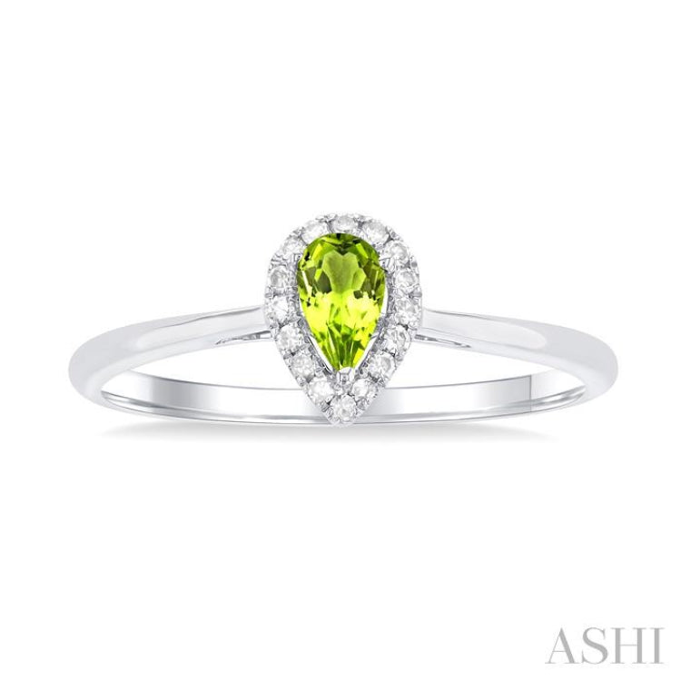 5x3 MM Pear Shape Peridot and 1/20 Ctw Round Cut Diamond Halo Semi-Precious Ring in 10K White Gold