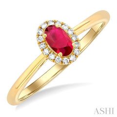 5x3 MM Oval Shape Ruby and 1/20 Ctw Round Cut Diamond Halo Precious Ring in 14K Yellow Gold