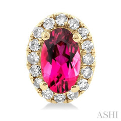 5x3 MM Oval Shape Pink Tourmaline and 1/8 Ctw Round Cut Diamond Halo Semi-Precious Stud Earrings in 10K Yellow Gold