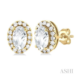 5x3 MM Oval Shape White Topaz and 1/8 Ctw Round Cut Diamond Halo Semi-Precious Stud Earrings in 10K Yellow Gold