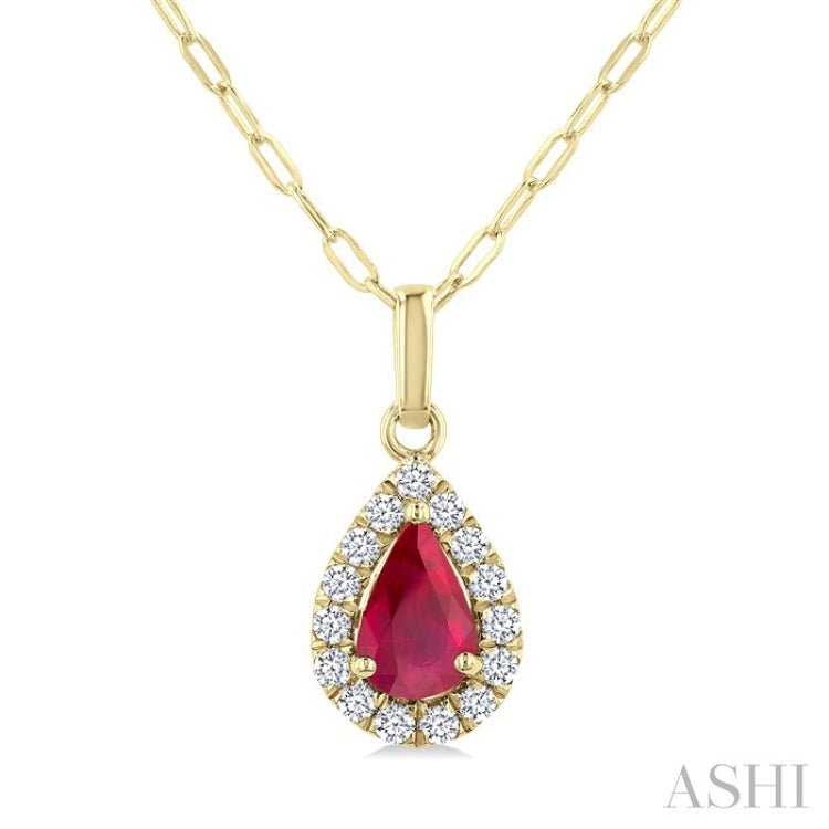 6x4 MM Pear Shape Ruby and 1/6 Ctw Round Cut Diamond Halo Precious Pendant with Chain in 14K Yellow Gold