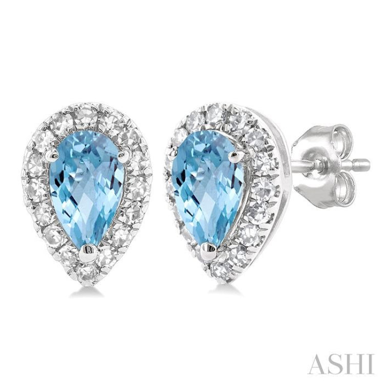 5x3 MM Pear Shape Aquamarine and 1/8 Ctw Round Cut Diamond Halo Semi-Precious Stud Earrings in 14K White Gold