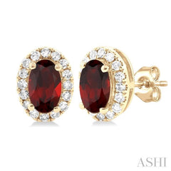5x3 MM Oval Shape Garnet and 1/8 Ctw Round Cut Diamond Halo Semi-Precious Stud Earrings in 14K Yellow Gold