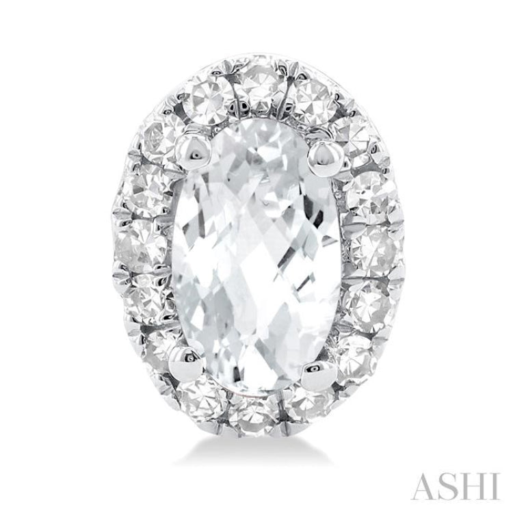 5x3 MM Oval Shape White Topaz and 1/8 Ctw Single Cut Diamond Halo Semi-Precious Stud Earrings in 10K White Gold