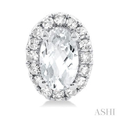 5x3 MM Oval Shape White Topaz and 1/8 Ctw Single Cut Diamond Halo Semi-Precious Stud Earrings in 10K White Gold