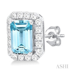 6x4 MM Octagonal Shape Aquamarine and 1/4 Ctw Round Cut Diamond Halo Semi-Precious Stud Earrings in 10K White Gold