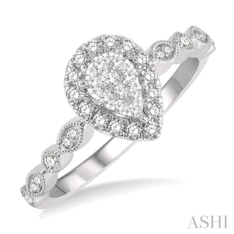 1/3 Ctw Lattice Pear Shape Lovebright Round Cut Diamond Engagement Ring in 14K White Gold