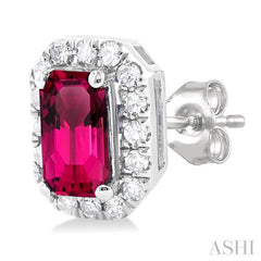 5x3 MM Octagonal Shape Pink Tourmaline and 1/8 Ctw Round Cut Diamond Halo Semi-Precious Stud Earrings in 10K White Gold
