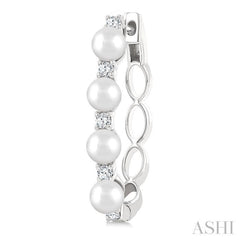 1/4 Ctw 4MM White Pearl and Round Cut Diamond Fashion Hoop Earrings in 14K White Gold