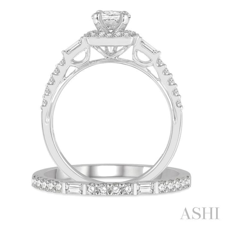 1 Ctw Baguette and Round Cut Diamond Wedding Set With 3/4 Ctw Cushion Shape Oval Cut Engagement Ring and 1/5 Ctw Wedding Band in 14K White Gold