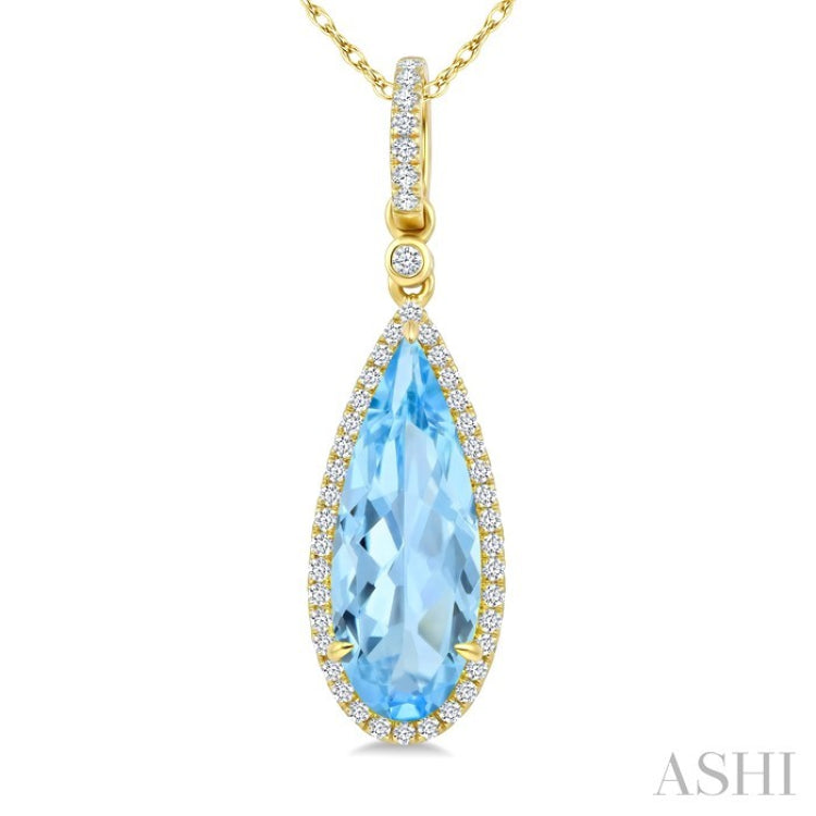 16X6 MM Evoque Gemstones Pear Shape Blue Topaz and 1/5 Ctw Round Cut Diamond Semi-Precious Pendant With Chain in 10K Yellow Gold