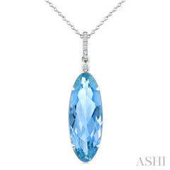 22X8 MM Oval Shape Blue Topaz and 1/20 Ctw Round Cut Diamond Semi-Precious Pendant With Chain in 14K White Gold