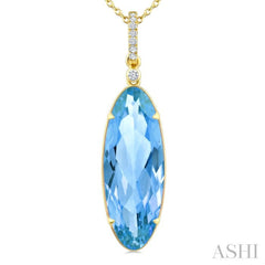 22X8 MM Oval Shape Blue Topaz and 1/20 Ctw Round Cut Diamond Semi-Precious Pendant With Chain in 14K Yellow Gold