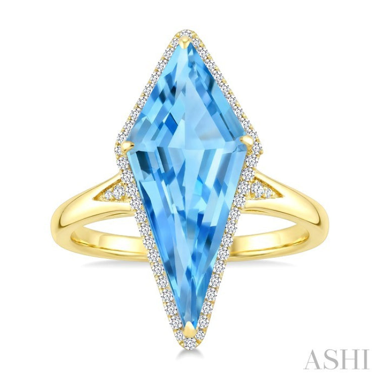 22X9 MM Kite Shape Blue Topaz and 1/5 Ctw Round Cut Diamond Semi-Precious Ring in 14K Yellow Gold