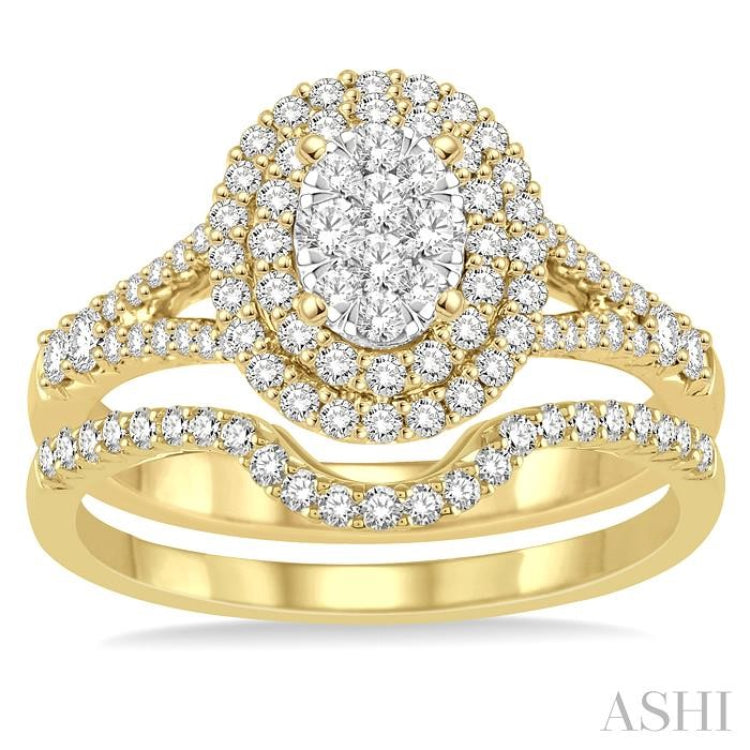7/8 Ctw Lovebright Round Cut Diamond Wedding Set With 3/4 Ctw Oval Shape Engagement Ring and 1/6 Ctw Wedding Band in 14K Yellow and White Gold