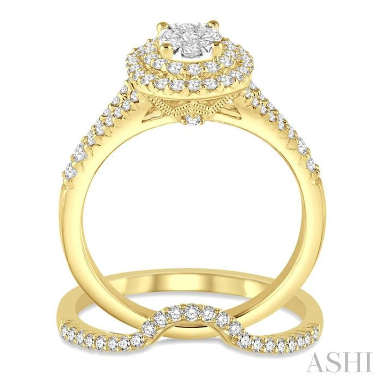 7/8 Ctw Lovebright Round Cut Diamond Wedding Set With 3/4 Ctw Oval Shape Engagement Ring and 1/6 Ctw Wedding Band in 14K Yellow and White Gold