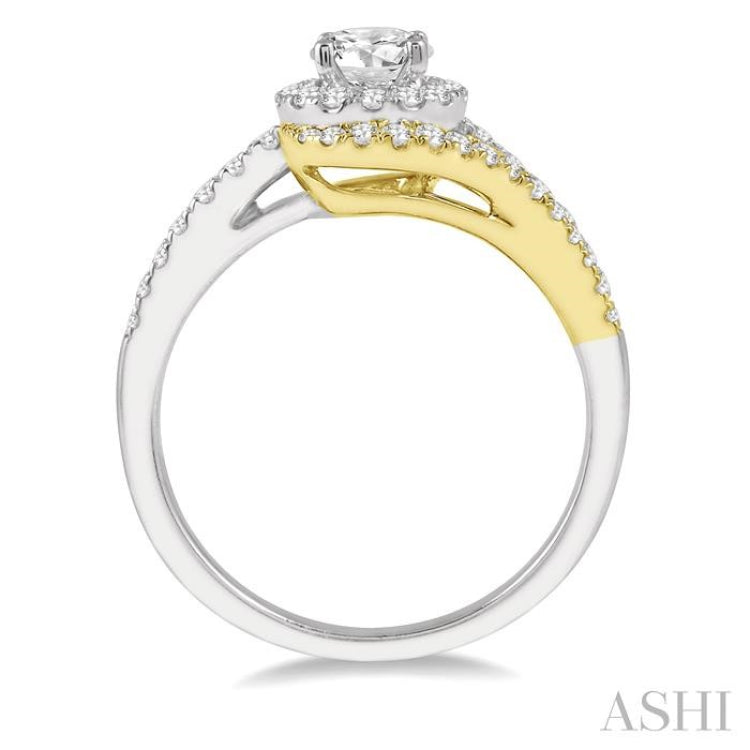 1 Ctw Swirl Round Diamond Two Tone Ladies Engagement Ring with 1/2 Ct Round Cut Center Stone in 14K White and Yellow Gold