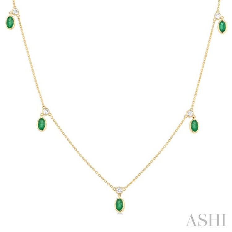 5x3 MM Oval Shape Emerald and 1/4 Ctw Round Cut Diamonds Precious Station Necklace in 14K Yellow Gold