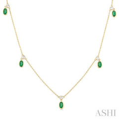 5x3 MM Oval Shape Emerald and 1/4 Ctw Round Cut Diamonds Precious Station Necklace in 14K Yellow Gold