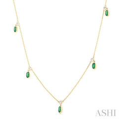 5x3 MM Oval Shape Emerald and 1/4 Ctw Round Cut Diamonds Precious Station Necklace in 14K Yellow Gold