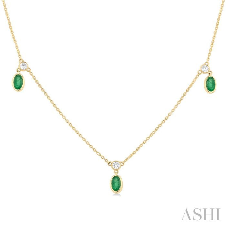 5x3 MM Oval Shape Emerald and 1/4 Ctw Round Cut Diamonds Precious Station Necklace in 14K Yellow Gold