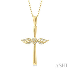 1/10 Ctw Angel Wing Round Cut Diamond Cross Petite Pendant With Chain in 10K Yellow Gold