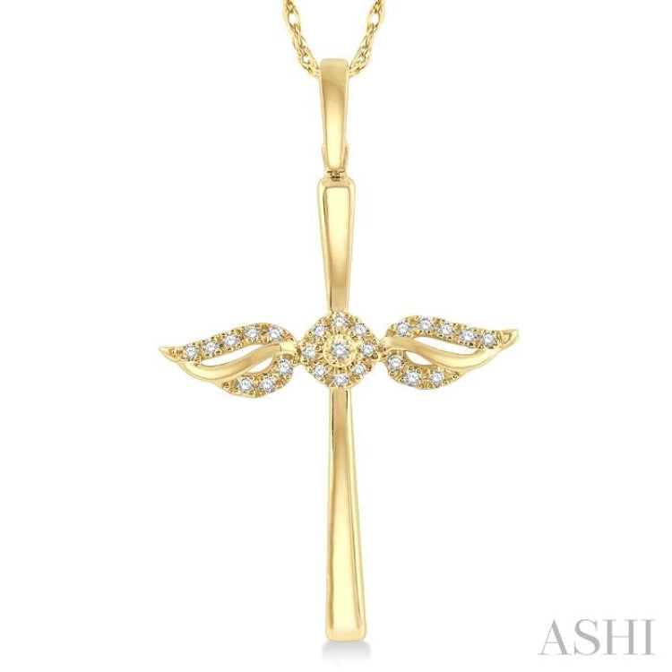 1/10 Ctw Angel Wing Round Cut Diamond Cross Petite Pendant With Chain in 10K Yellow Gold