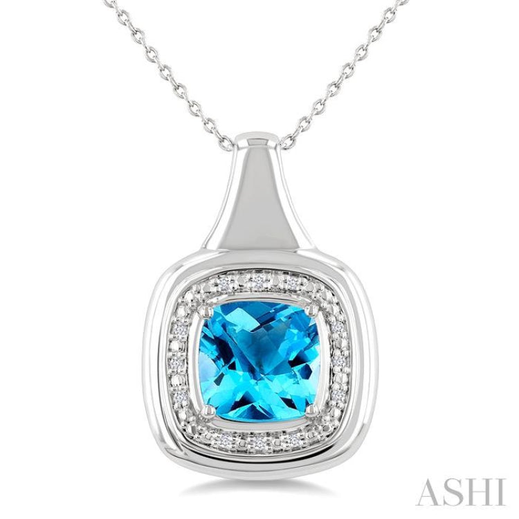 8 MM Cushion Shape Blue Topaz and 1/20 Ctw Round Cut Diamond Semi-Precious Pendant With Chain in Sterling Silver