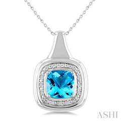 8 MM Cushion Shape Blue Topaz and 1/20 Ctw Round Cut Diamond Semi-Precious Pendant With Chain in Sterling Silver