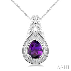 9X6MM Pear Cut Amethyst and 1/20 Ctw Round Cut Diamond Semi-Precious Pendant With Chain in Sterling Silver