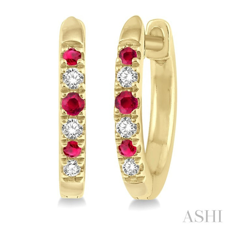 1.10 MM, 1.25 MM and 1.45 MM Round Shape Ruby and 1/20 Ctw Round Cut Diamond Precious Hoop Earrings in 10K Yellow Gold