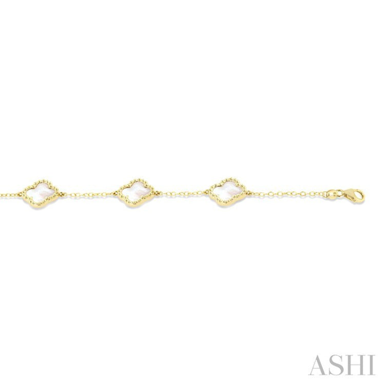 8 MM Mother of Pearl Bead Clover Halo Station Bracelet in 14K Yellow Gold