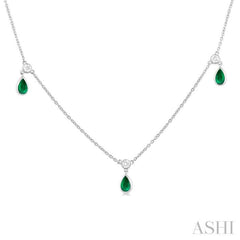 5X3 MM Pear Shape Emerald and 1/4 Ctw Round Cut Diamonds Precious Station Necklace in 14K White Gold