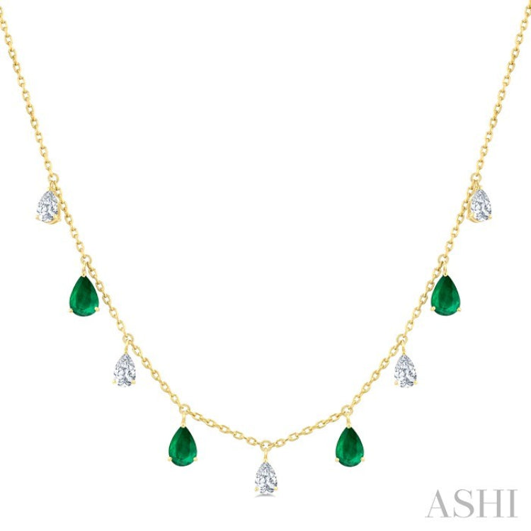 6X4 MM Pear Shape Emerald and 1 Ctw Pear Cut Diamond Precious Station Necklace in 14K Yellow Gold