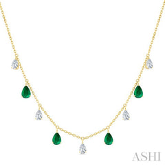 6X4 MM Pear Shape Emerald and 1 Ctw Pear Cut Diamond Precious Station Necklace in 14K Yellow Gold
