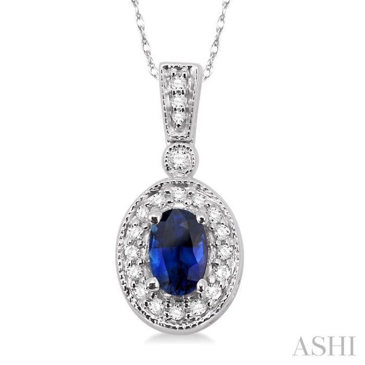 6x4 MM Oval Cut Sapphire and 1/8 ctw Round Cut Diamond Pendant in 14K White Gold with Chain