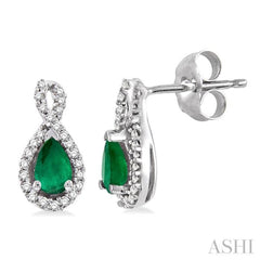 5x3 MM Pear Shape Emerald and 1/6 ctw Round Cut Diamond Earrings in 14K White Gold