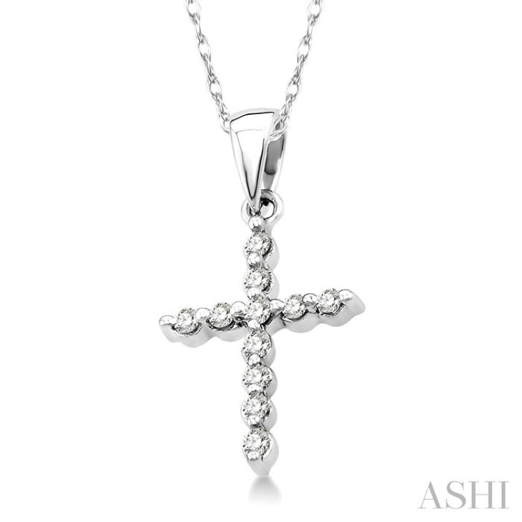 1/10 Ctw Round Cut Diamond Cross Petite Pendant in 10K White Gold with Chain