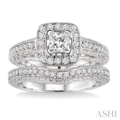 7/8 Ctw Diamond Wedding Set with 5/8 Ctw Princess Cut Engagement Ring and 1/5 Ctw Wedding Band in 14K White Gold