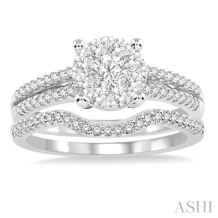 3/4 ctw Diamond Wedding Set with 3/4 Ctw Round Cut Engagement Ring and 1/10 Ctw Wedding Band in 14K White Gold