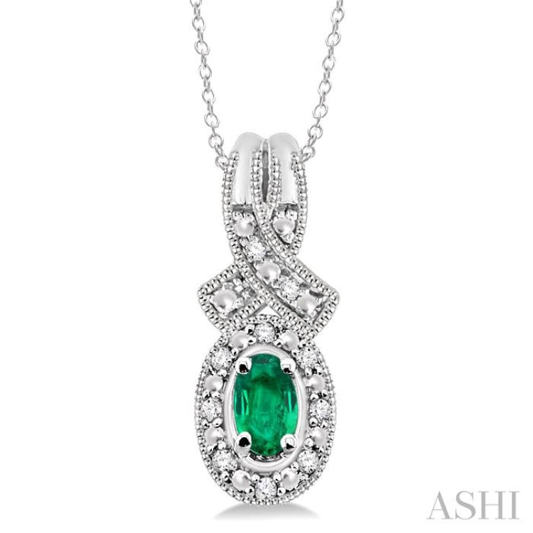 5x3 MM Oval Cut Emerald and 1/50 ctw Single Cut Diamond Pendant in Sterling Silver with Chain