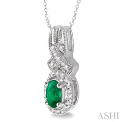 5x3 MM Oval Cut Emerald and 1/50 ctw Single Cut Diamond Pendant in Sterling Silver with Chain