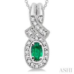 5x3 MM Oval Cut Emerald and 1/50 ctw Single Cut Diamond Pendant in Sterling Silver with Chain