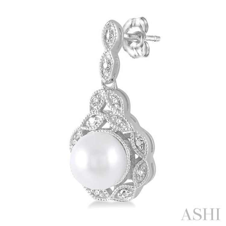 6X6 MM Cultured Pearl and 1/20 Ctw Round Cut Diamond Earrings in Sterling Silver