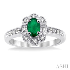 6x4 MM Oval Cut Emerald and 1/20 ctw Single Cut Diamond Ring in Sterling Silver