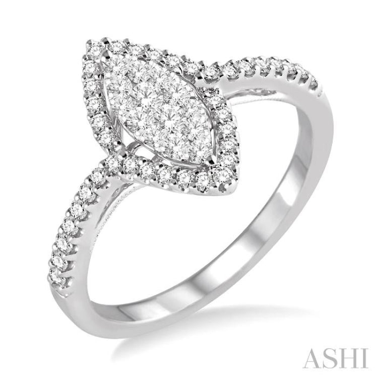 1/2 Ctw Marquise Shape Round Cut Diamond Lovebright Ring in 14K White Gold