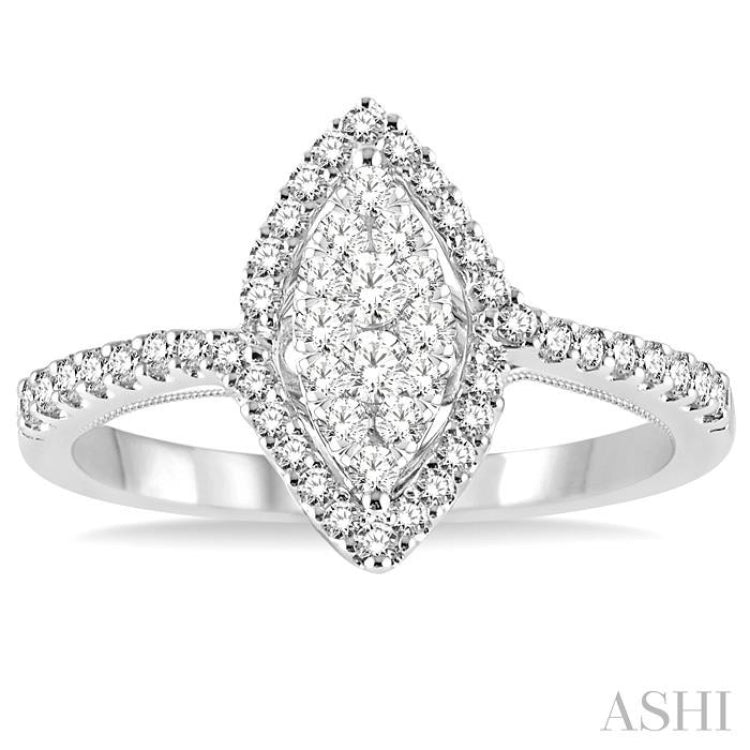 1/2 Ctw Marquise Shape Round Cut Diamond Lovebright Ring in 14K White Gold