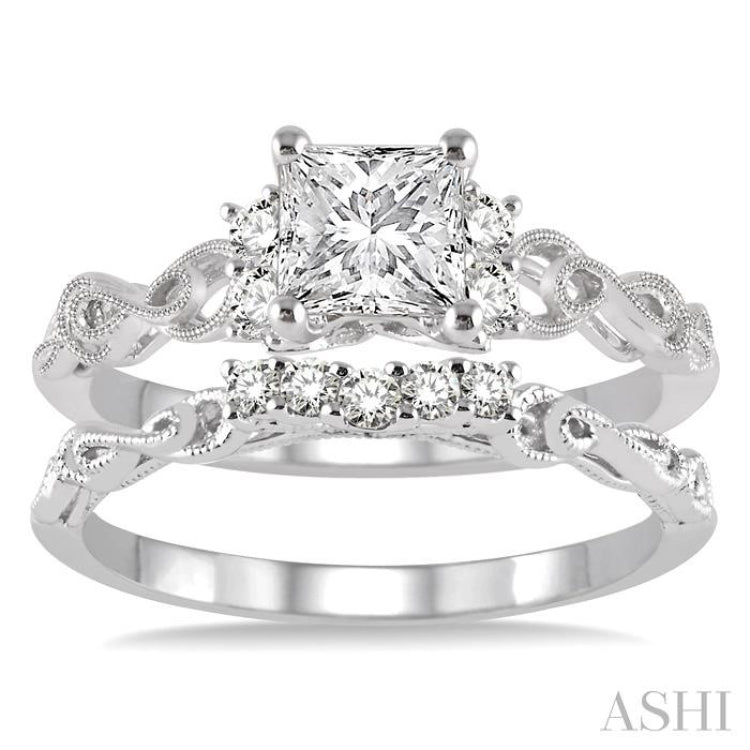 1/2 Ctw Diamond Wedding Set with 1/2 Ctw Princess Cut Engagement Ring and 1/10 Ctw Wedding Band in 14K White Gold